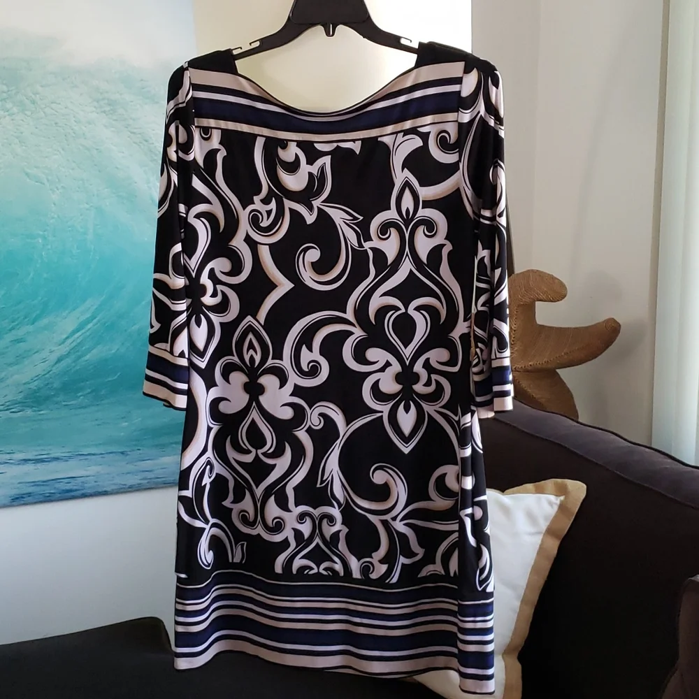White House Black Market Jersey Dress Size Large Black Paisley - Picture 2 of 3